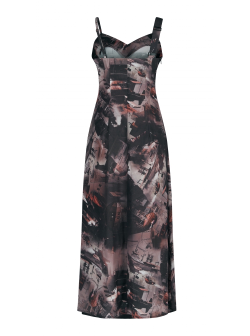 Lightweight Waste Soil Series  X-Shaped Metal Buckle Decoration Sleeveless Shoulder Strap Sexy Printed Long Slip Dress
