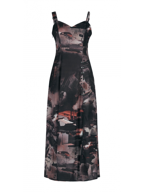 Lightweight Waste Soil Series  X-Shaped Metal Buckle Decoration Sleeveless Shoulder Strap Sexy Printed Long Slip Dress