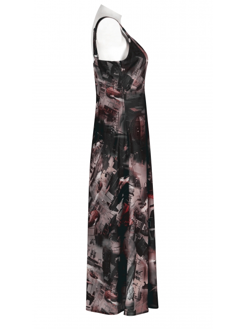 Lightweight Waste Soil Series  X-Shaped Metal Buckle Decoration Sleeveless Shoulder Strap Sexy Printed Long Slip Dress