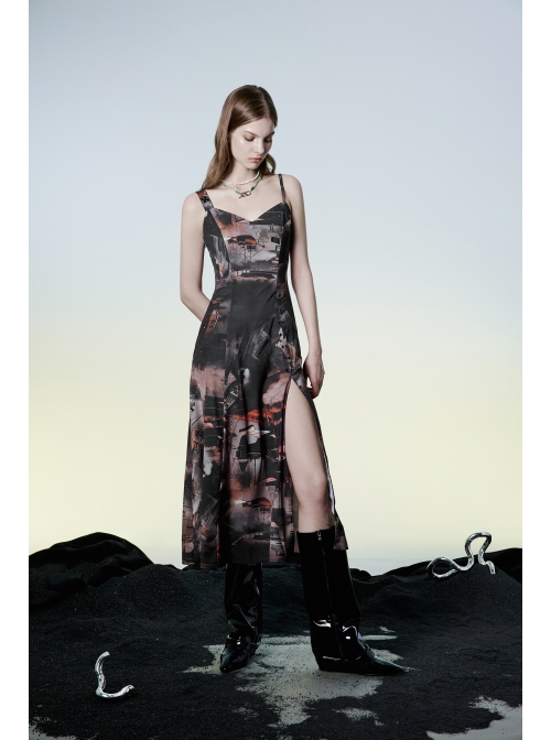 Lightweight Waste Soil Series  X-Shaped Metal Buckle Decoration Sleeveless Shoulder Strap Sexy Printed Long Slip Dress