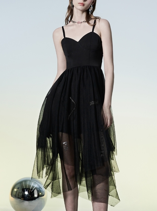 Warning Series Metal Thread Embroidery Decoration Irregular Mesh Design Slop Sling Waist Skirt