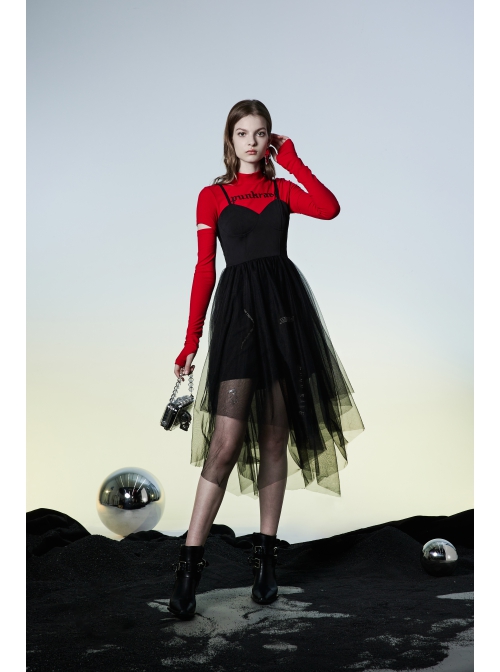 Warning Series Metal Thread Embroidery Decoration Irregular Mesh Design Slop Sling Waist Skirt