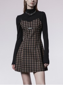Future Gothic Series  Super Cool Elastic Black And Yellow Knitted Plaid Fabric Slip Waist A-Shaped Dress