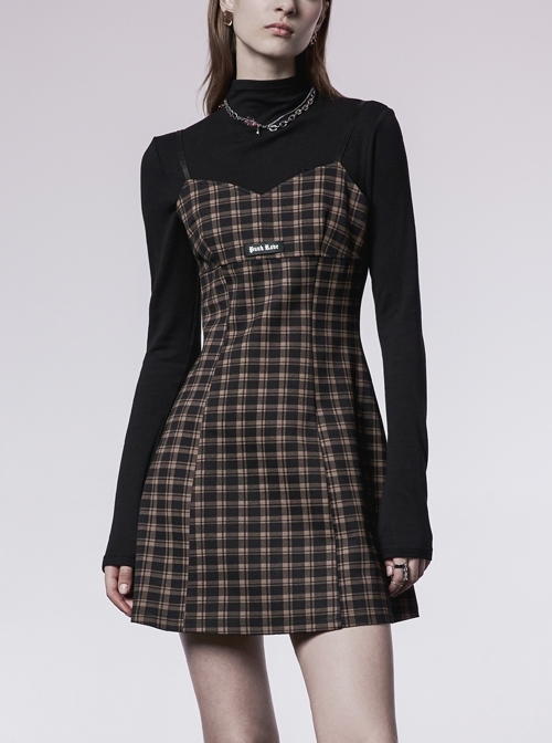 Future Gothic Series  Super Cool Elastic Black And Yellow Knitted Plaid Fabric Slip Waist A-Shaped Dress