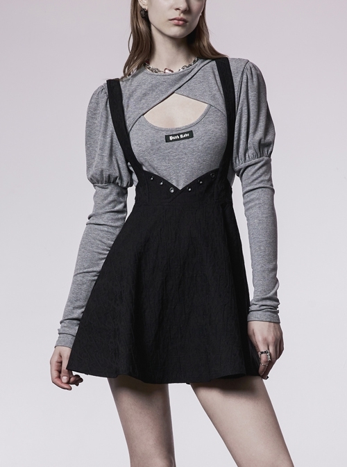 Black Future Gothic Series Metal Buttonhole Decoration Collect Waist Swing Hem Cat Ear Skirt