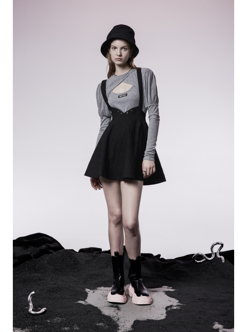Black Future Gothic Series Metal Buttonhole Decoration Collect Waist Swing Hem Cat Ear Skirt