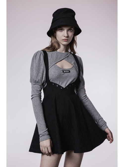 Black Future Gothic Series Metal Buttonhole Decoration Collect Waist Swing Hem Cat Ear Skirt