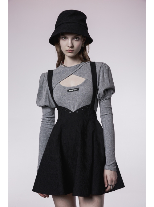 Black Future Gothic Series Metal Buttonhole Decoration Collect Waist Swing Hem Cat Ear Skirt