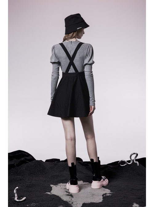Black Future Gothic Series Metal Buttonhole Decoration Collect Waist Swing Hem Cat Ear Skirt