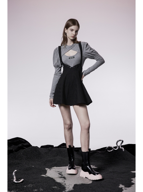 Black Future Gothic Series Metal Buttonhole Decoration Collect Waist Swing Hem Cat Ear Skirt