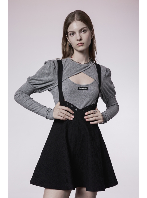 Black Future Gothic Series Metal Buttonhole Decoration Collect Waist Swing Hem Cat Ear Skirt