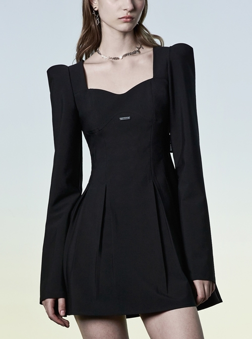 Punk Revelation Series Non-Stretch Twill Woven Fabric Princess Sleeve Design Right Angle Shoulder Square Neck Collect Waist Dress
