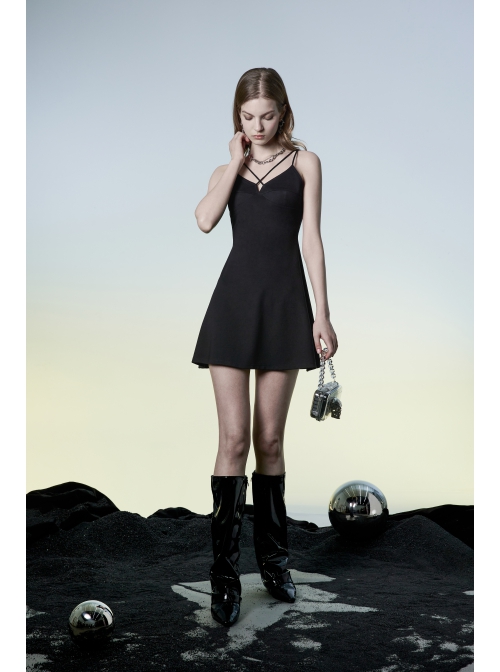 Punk Two-Piece Fitting Sling Strap Design A-Shape Slip Black Dress
