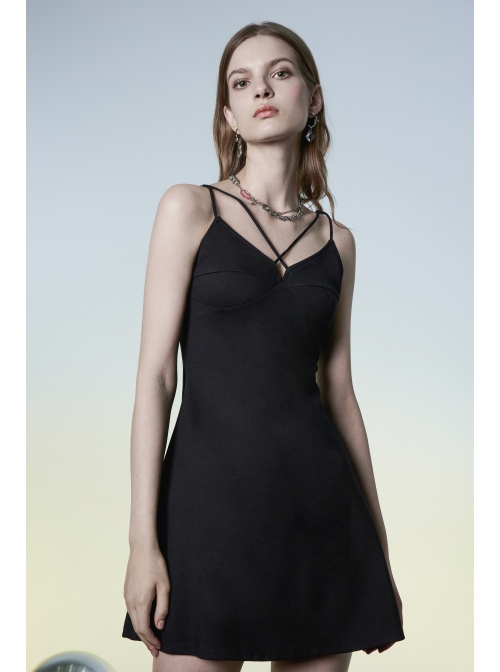 Punk Two-Piece Fitting Sling Strap Design A-Shape Slip Black Dress