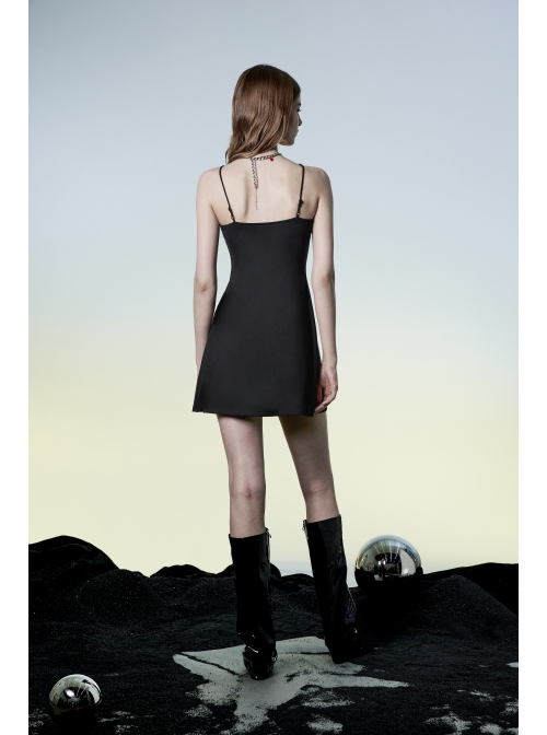 Punk Two-Piece Fitting Sling Strap Design A-Shape Slip Black Dress