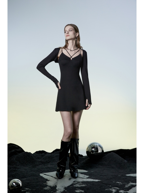 Punk Two-Piece Fitting Sling Strap Design A-Shape Slip Black Dress