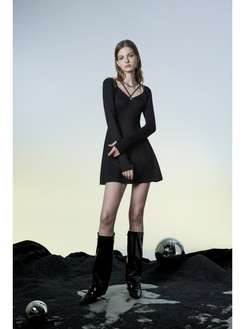 Punk Two-Piece Fitting Sling Strap Design A-Shape Slip Black Dress