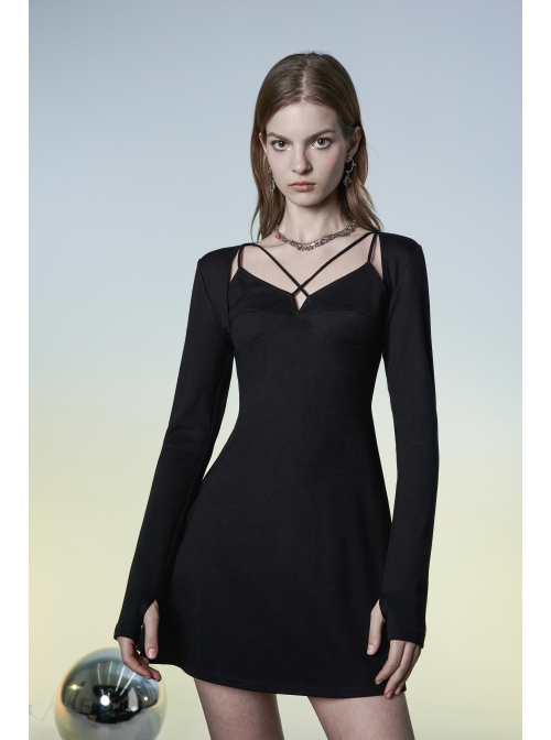Punk Two-Piece Fitting Sling Strap Design A-Shape Slip Black Dress