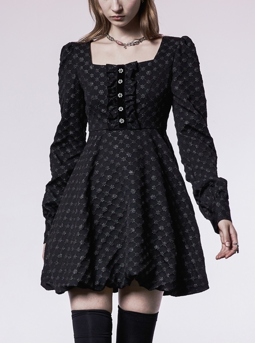 Lightweight Waste Soil Series Flower Type Pearl Nail Square Neck Tucked Waist Flower Bud Skirt Playful Texture Floret Dress