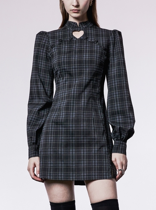 Punk Non-Stretch Small Stand-Up Collar Lantern Sleeve Design Improved New Plaid Cheongsam