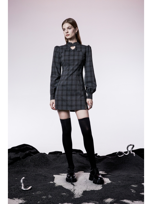Punk Non-Stretch Small Stand-Up Collar Lantern Sleeve Design Improved New Plaid Cheongsam