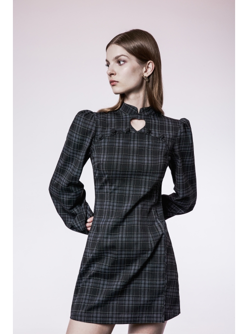 Punk Non-Stretch Small Stand-Up Collar Lantern Sleeve Design Improved New Plaid Cheongsam