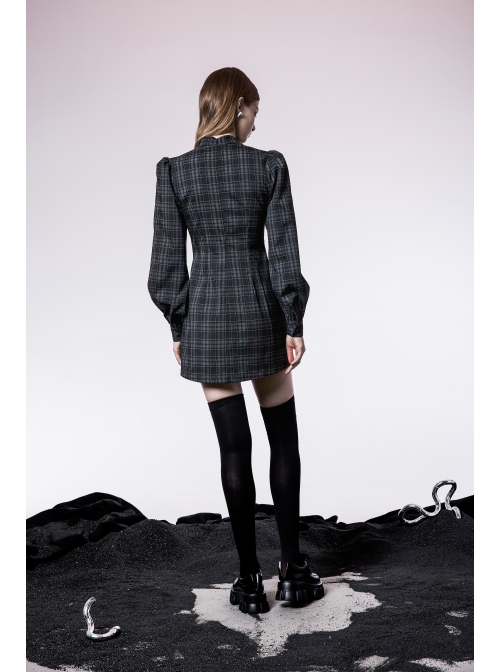 Punk Non-Stretch Small Stand-Up Collar Lantern Sleeve Design Improved New Plaid Cheongsam