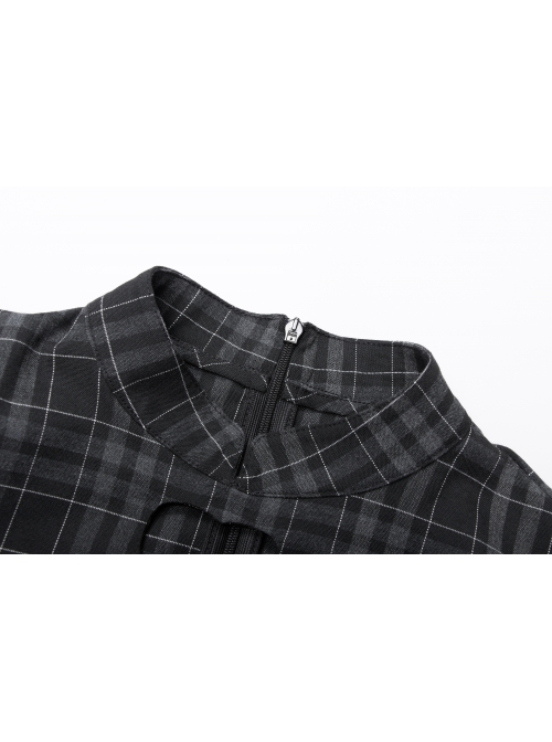 Punk Non-Stretch Small Stand-Up Collar Lantern Sleeve Design Improved New Plaid Cheongsam