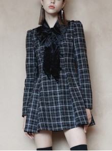 Small V-neck Tie Design Checked Woolen Cloth And Velvet Stitching Bow Collect Waist Dress