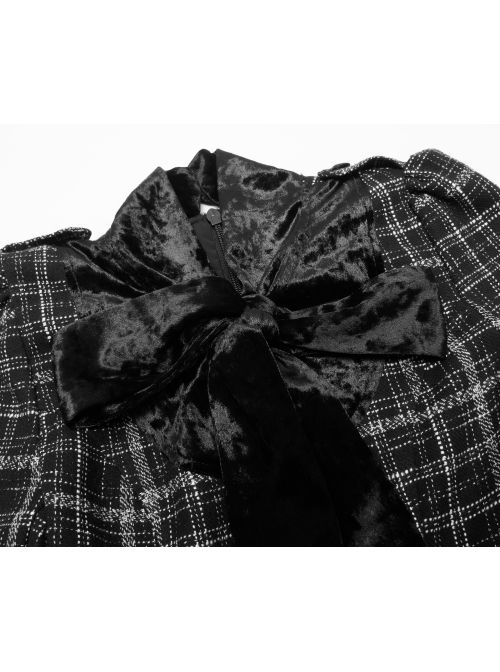Small V-neck Tie Design Checked Woolen Cloth And Velvet Stitching Bow Collect Waist Dress