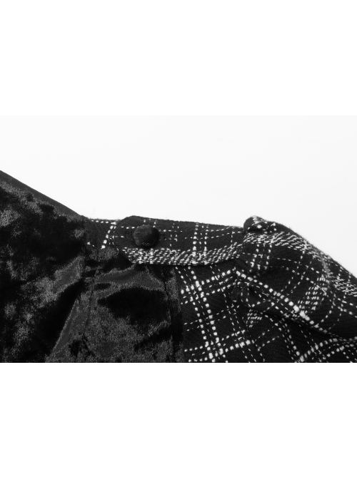 Small V-neck Tie Design Checked Woolen Cloth And Velvet Stitching Bow Collect Waist Dress