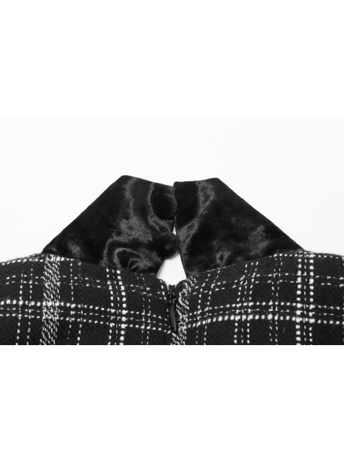 Small V-neck Tie Design Checked Woolen Cloth And Velvet Stitching Bow Collect Waist Dress