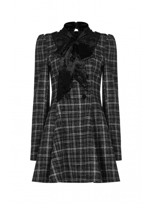 Small V-neck Tie Design Checked Woolen Cloth And Velvet Stitching Bow Collect Waist Dress
