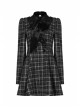 Small V-neck Tie Design Checked Woolen Cloth And Velvet Stitching Bow Collect Waist Dress