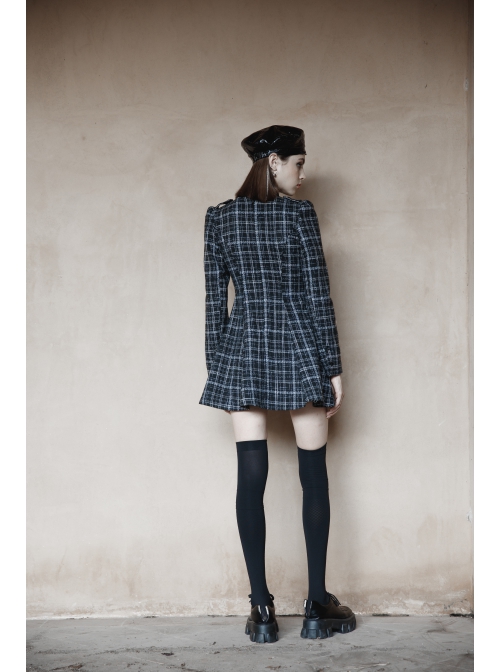 Small V-neck Tie Design Checked Woolen Cloth And Velvet Stitching Bow Collect Waist Dress