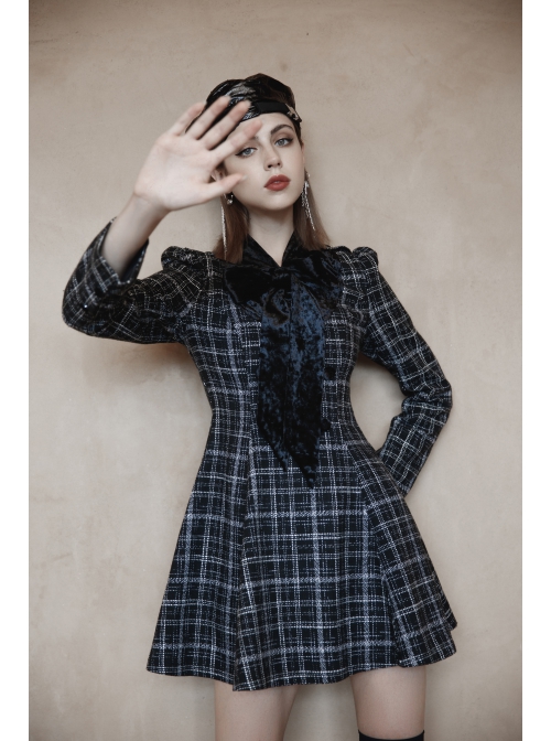 Small V-neck Tie Design Checked Woolen Cloth And Velvet Stitching Bow Collect Waist Dress