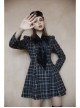 Small V-neck Tie Design Checked Woolen Cloth And Velvet Stitching Bow Collect Waist Dress
