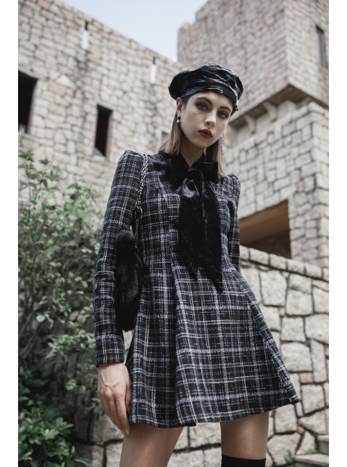 Small V-neck Tie Design Checked Woolen Cloth And Velvet Stitching Bow Collect Waist Dress