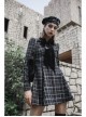Small V-neck Tie Design Checked Woolen Cloth And Velvet Stitching Bow Collect Waist Dress