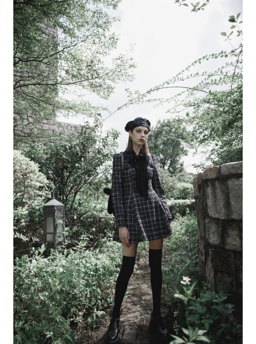 Small V-neck Tie Design Checked Woolen Cloth And Velvet Stitching Bow Collect Waist Dress