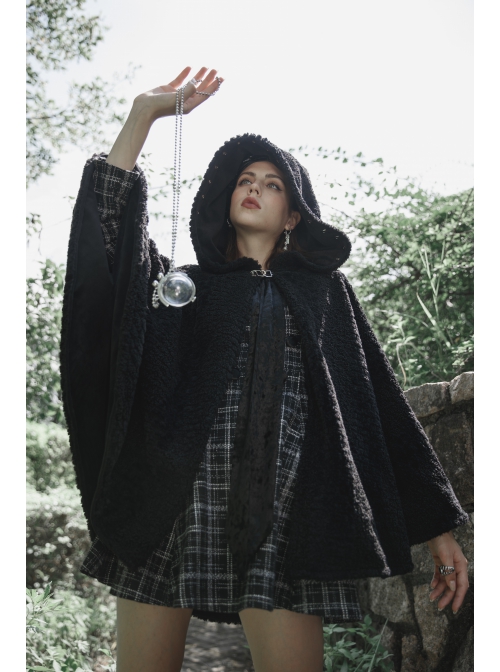 Small V-neck Tie Design Checked Woolen Cloth And Velvet Stitching Bow Collect Waist Dress