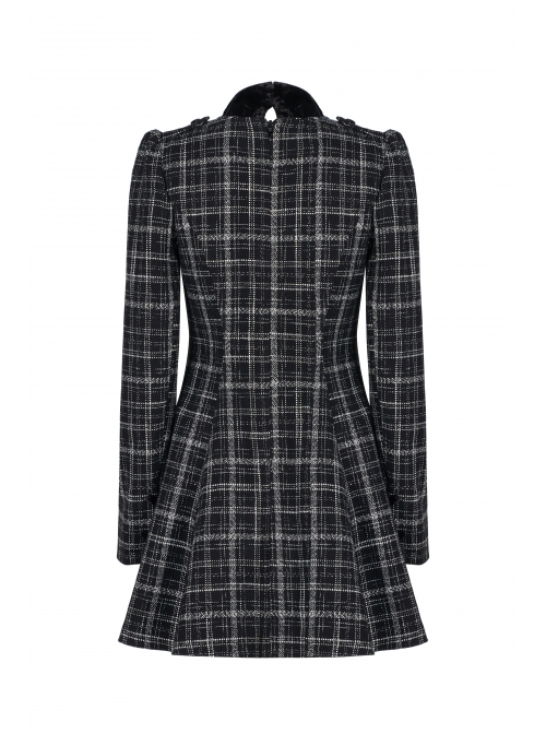 Small V-neck Tie Design Checked Woolen Cloth And Velvet Stitching Bow Collect Waist Dress