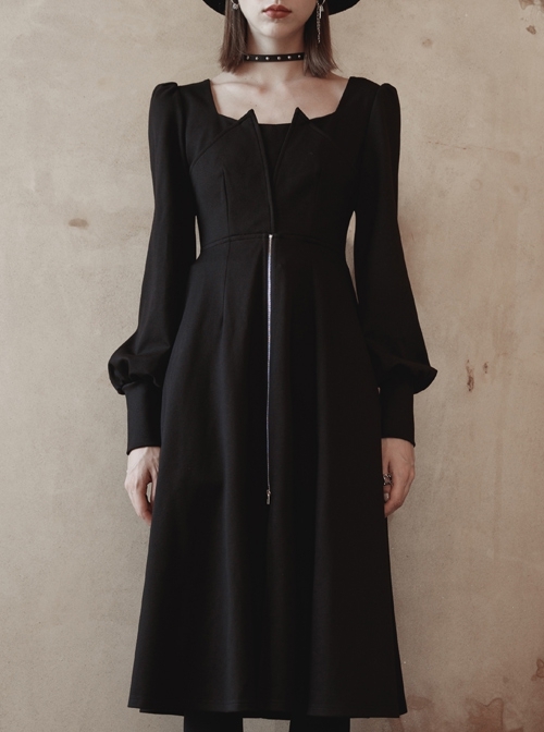 Punk Black Square Collar Metal Zipper Slit Dress