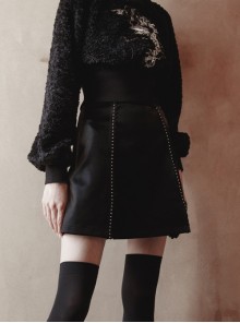 Punk Black Rivet Lace A Version Slit Leather Skirt