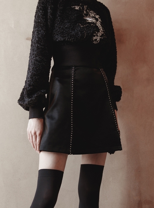 Punk Black Rivet Lace A Version Slit Leather Skirt