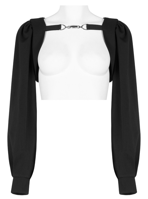 Black Short Metal Buckle Decoration Puff Sleeve Design Punk Playful Versatile Coat