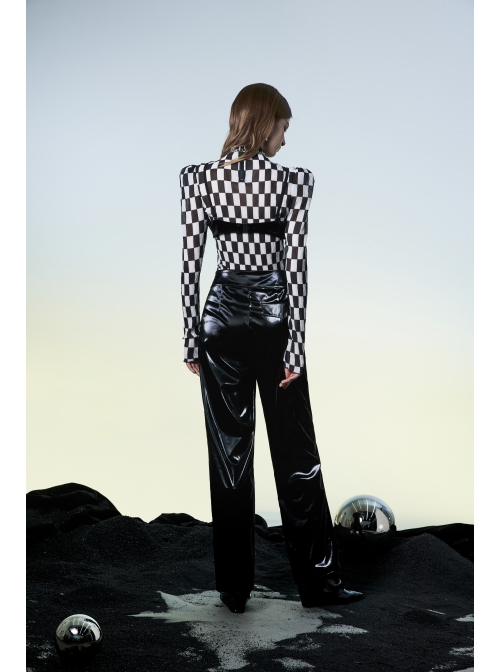 Punk Black Revelation Series Shirred Design Metal Nameplate Decoration Elastic Velvet Suspender Bra