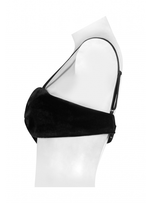 Punk Black Revelation Series Shirred Design Metal Nameplate Decoration Elastic Velvet Suspender Bra