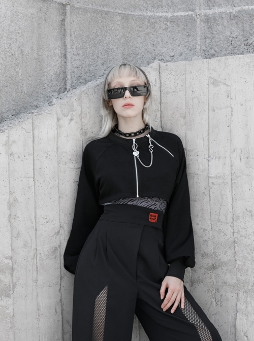 Black Short Metal Double Zipper Decoration Pure Cotton Cardigan Hoodie