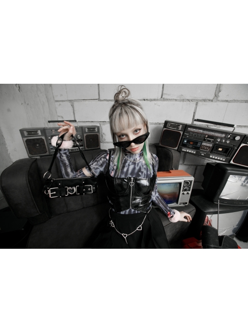 Patent Leather Fabric Metal Zipper Decoration Hollow Design Half-Breast Cup Hollow Sling